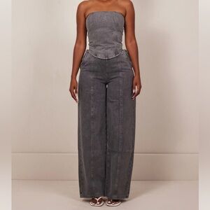 Grey denim corset top and wide leg jeans